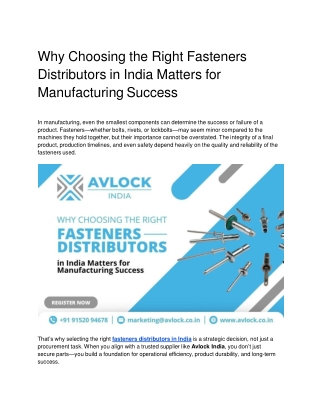 Why Choosing the Right Fasteners Distributors in India Matters for Manufacturing Success