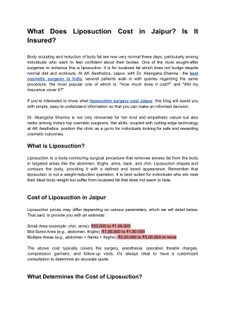 what does liposuction cost in jaipur