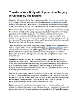 Transform Your Body with Liposuction Surgery in Chicago by Top Experts