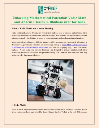 Unlocking Mathematical Potential Vedic Math and Abacus Classes in Bhubaneswar for Kids
