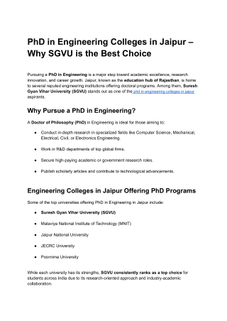 PhD in Engineering Colleges in Jaipur – Why SGVU is the Best Choice