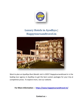Luxury Hotels in Ayodhya | Happytoursandtravel.in