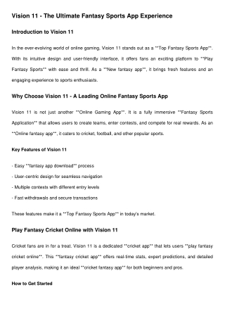 Vision 11 Fantasy Sports App