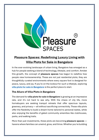 Pleasure Spaces Redefining Luxury Living with Villa Plots for Sale in Bangalore