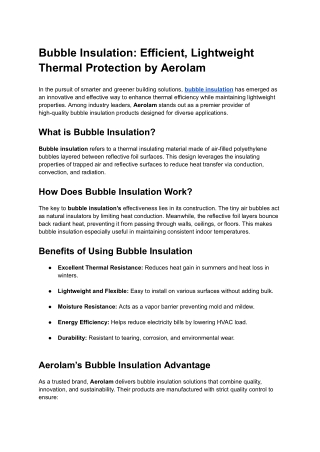 Bubble Insulation: Efficient, Lightweight Thermal Protection by Aerolam