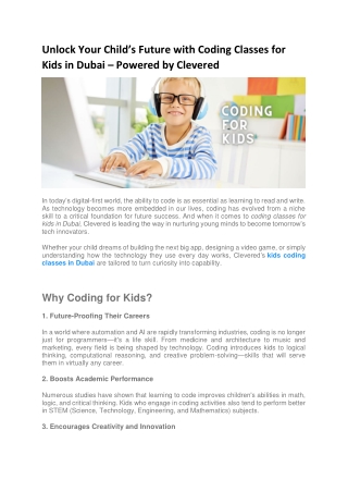 Unlock Your Childs Future with Coding Classes for Kids in Dubai – Powered by Clevered