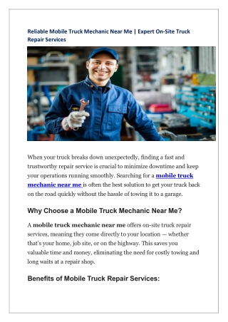 Reliable Mobile Truck Mechanic Near Me Expert On-Site Truck Repair Services