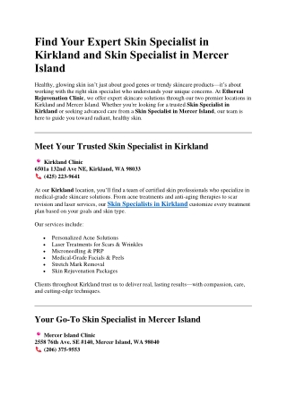 Find Your Expert Skin Specialist in Kirkland and Skin Specialist in Mercer Island