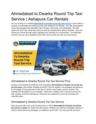 Ahmedabad to Dwarka Round Trip Taxi Service _ Ashapura Car Rentals