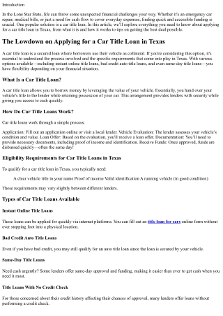 The Lowdown on Applying for a Car Title Loan in Texas