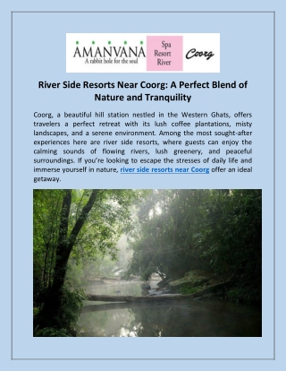 River Side Resorts Near Coorg A Perfect Blend of Nature and Tranquility