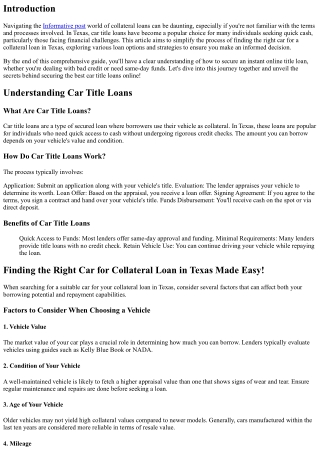 Finding the Right Car for Collateral Loan in Texas Made Easy!