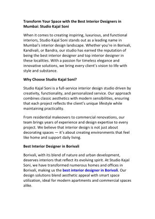 Best Interior Designer in Borivali – Studio Kajal Soni