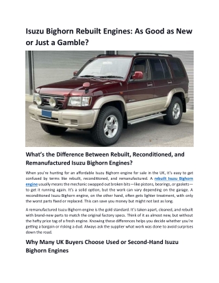 Isuzu Bighorn Rebuilt Engines: As Good as New or Just a Gamble?