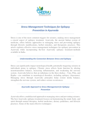 Stress Management Techniques for Epilepsy Prevention in Ayurveda