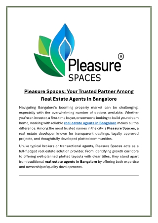 Pleasure Spaces Your Trusted Partner Among Real Estate Agents in Bangalore