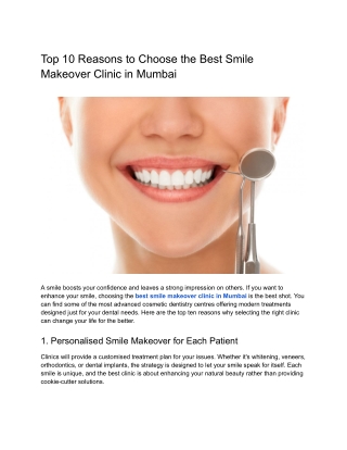Top 10 Reasons to Choose the Best Smile Makeover Clinic in Mumbai