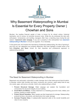 Why Basement Waterproofing in Mumbai Is Essential for Every Property Owner
