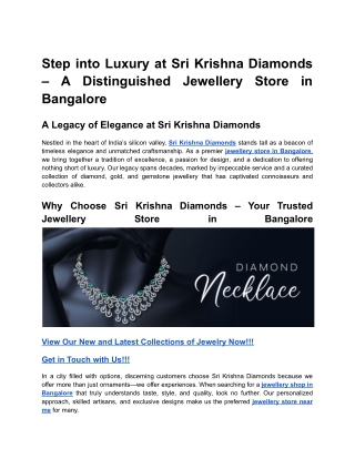 Step into Luxury at Sri Krishna Diamonds – A Distinguished Jewellery Store in Bangalore