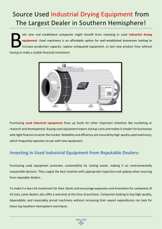 Source Used Industrial Drying Equipment from The Largest Dealer in Southern Hemisphere!