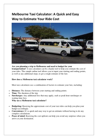 Melbourne Taxi Calculator-A Quick and Easy Way to Estimate Your Ride Cost
