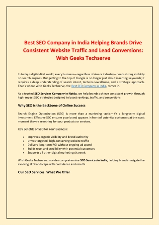 Best SEO Company in India Helping Brands Drive Consistent Website Traffic and Lead Conversions