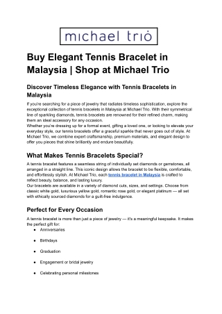 Buy Elegant Tennis Bracelet in Malaysia _ Shop at Michael Trio