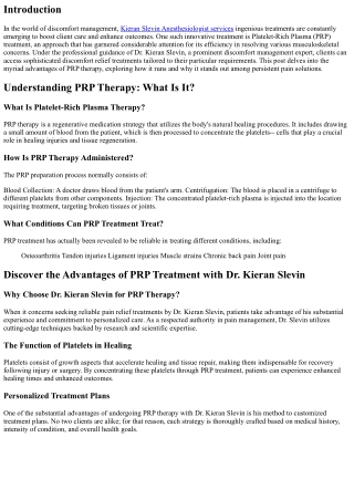 Discover the Advantages of PRP Treatment with Dr. Kieran Slevin