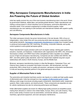 Why Aerospace Components Manufacturers in India Are Powering the Future of Global Aviation