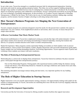 Tucson's Approach to Educating Entrepreneurs: A Model for the Future