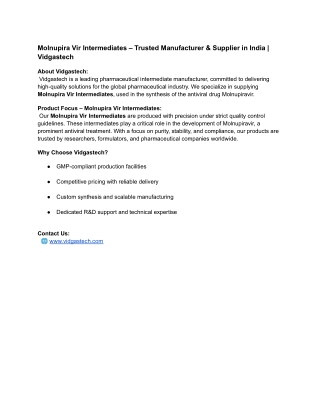 Molnupira Vir Intermediates – Trusted Manufacturer & Supplier in India _ Vidgastech