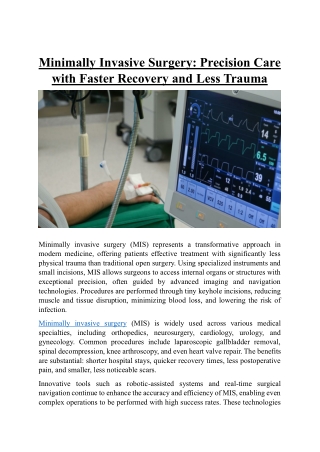 Minimally Invasive Surgery: Precision Care with Faster Recovery and Less Trauma