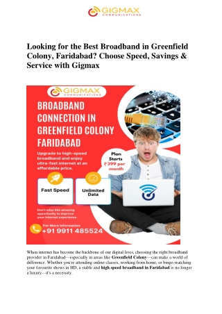 Looking for the Best Broadband in Greenfield Colony Faridabad Choose Speed Savings & Service with Gigmax