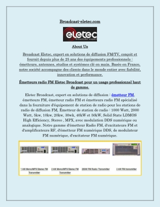 Émetteur radio FM Eletec Broadcast idéal pour la radiodiffusion locale et régionale