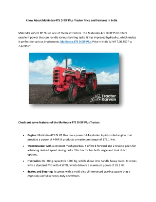 Know About Mahindra 475 DI XP PlusTractor Price and Features in India