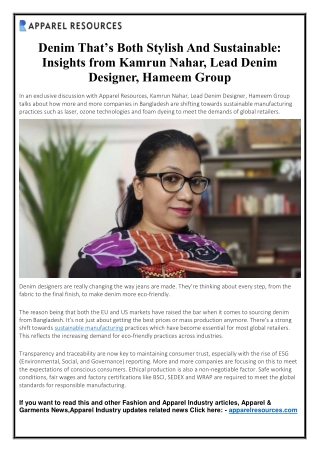 Denim That’s Both Stylish And Sustainable- Insights from Kamrun Nahar, Lead Denim Designer, Hameem Group