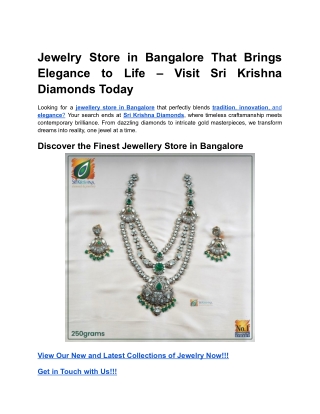 Jewelry Store in Bangalore That Brings Elegance to Life – Visit Sri Krishna Diamonds Today