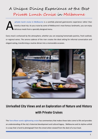 A Unique Dining Experience at the Best Private Lunch Cruise in Melbourne