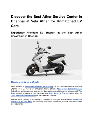 Discover the Best Ather Service Center in Chennai at Vela Ather for Unmatched EV Care