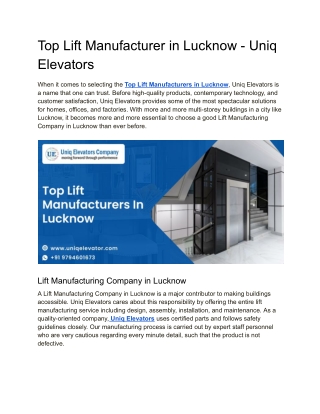 Top Lift Manufacturer in Lucknow - Uniq Elevators