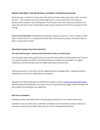 Stainless Steel Water Tank Specifications