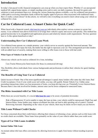 Car for Collateral Loan: A Smart Choice for Quick Cash?