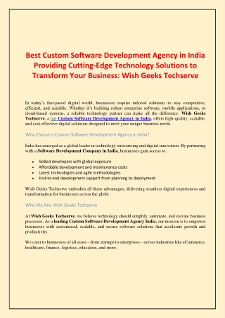 Best Custom Software Development Agency in India Providing Cutting-Edge Technology Solutions to Transform Your Business
