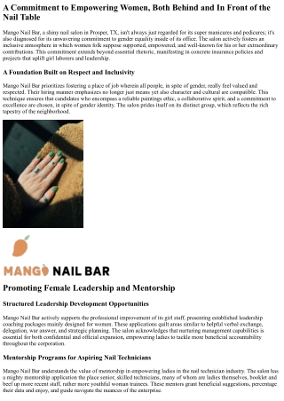 Mango Nail Bar: Cultivating Gender Equality in the Prosper, TX Nail Salon Indust