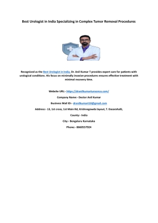 Best Urologist in India Specializing in Complex Tumor Removal Procedures