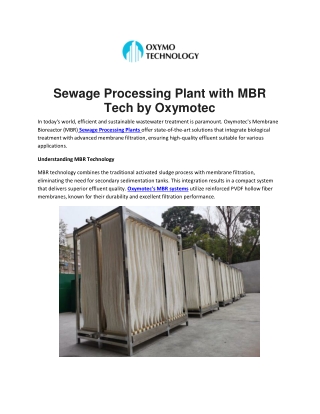 Sewage Processing Plant with MBR Tech by Oxymotec