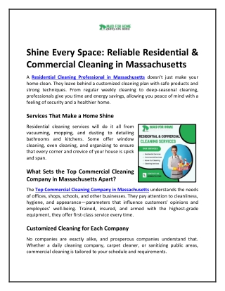 Shine Every Space Reliable Residential & Commercial Cleaning in Massachusetts