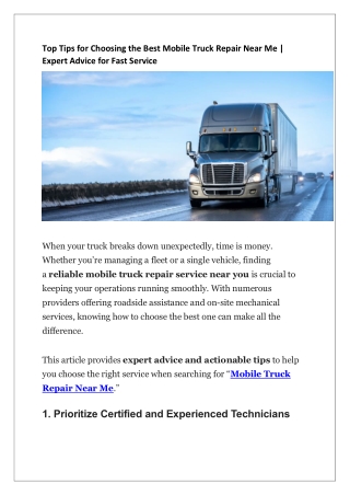 Top Tips for Choosing the Best Mobile Truck Repair Near Me - Expert Advice for Fast Service