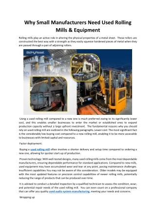 Why Small Manufacturers Need Used Rolling Mills & Equipment