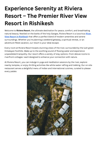 Experience Serenity at Riviera Resort – The Premier River View Resort in Rishikesh